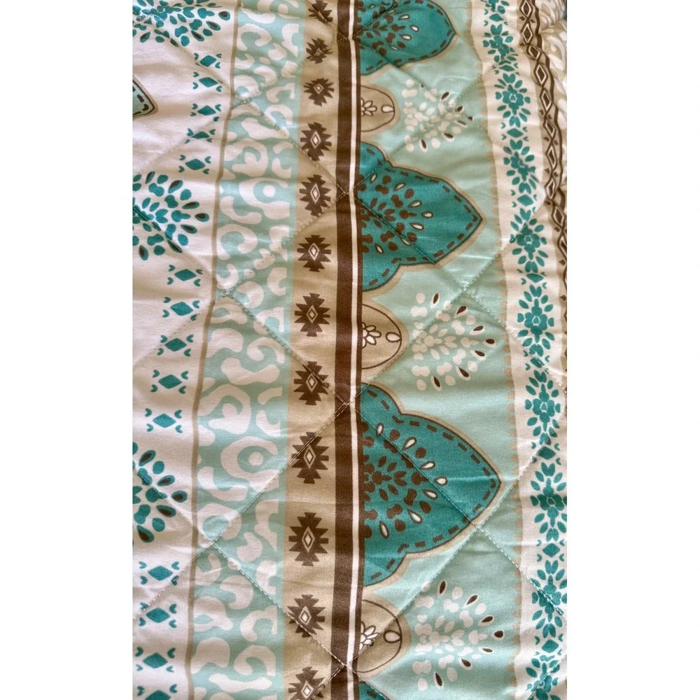 Sanctuary Quilt King Teal Brown White Boho Geometric Medallion Bedding 3 Piece